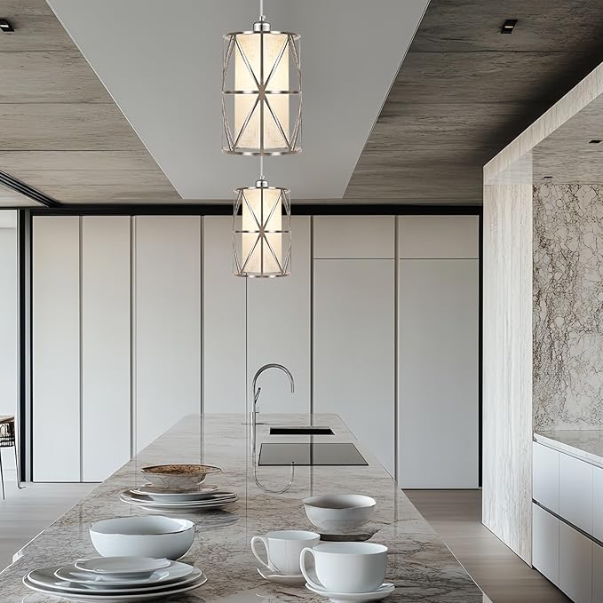 7"×10" Modern Pendant Lights Kitchen Island - Adjustable Height Brushed Nickel Kitchen Pendant Lights with Linen Shade, UL Certified Pendant Lighting for Dining Room, Entryway