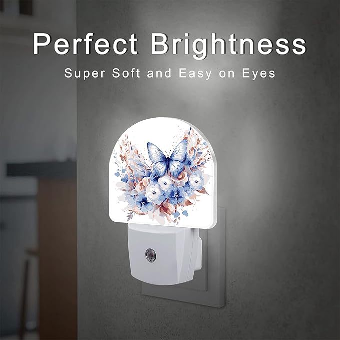 Watercolor Butterfly and Flowers Night Light for Kids,Elegant Blue Floral Plug in Night Light with Dusk to Dawn Sensor, 0.5w Energy Saving Nightlight for Hallway Stairway Kitchen Bedroom