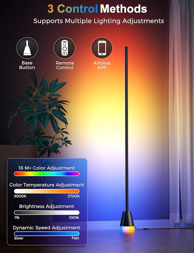 RGBICW Corner Floor Lamp, Modern LED Ambient Lighting, Jet Black | 16 Million Colors, Music Sync Lighting, 1800LM Brightness, with Smart APP/Remote Control, for Living Room Bedroom Gaming Room
