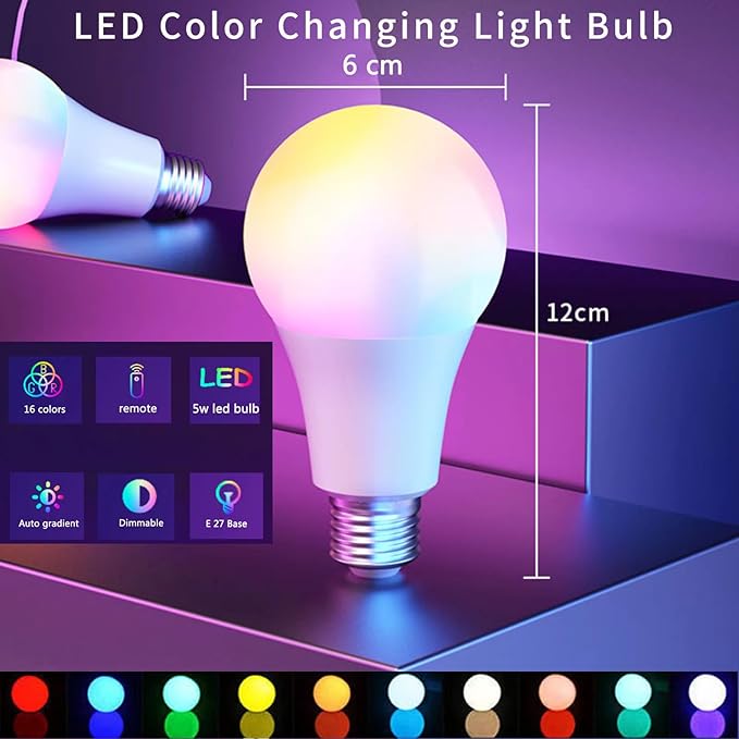 RGB Color Changing Light Bulb with Remote Control, RGBW LED Light Bulb A19 E27/E26 6500K White 9W 16 Color Choices Multicolor Dimmable Flood Light Bulbs for Party Bedroom Home - 4 Pack