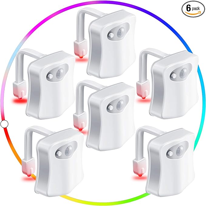 Honoson 6 Pieces Toilet Night Light Motion Activated Sensor Lamp 16 Colors Changing LED Inside Toilet Bowl, LED Light for Washroom Bathroom, Battery Not Included