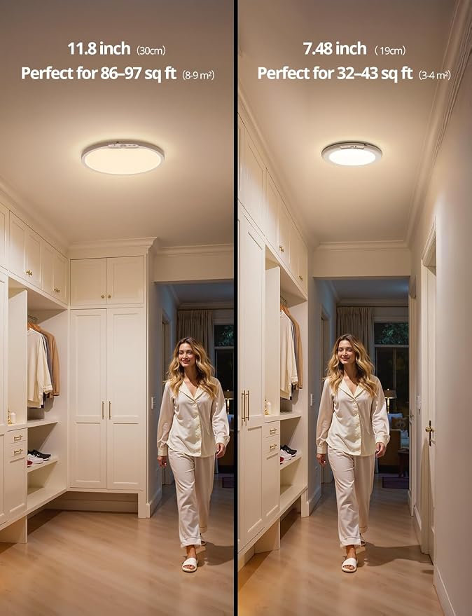 2 Pack Rechargeable Battery Operated Ceiling Light for Shower Wireless, 80 Day Battery Life Powered 11.8Inch Bright Waterproof Magnetic RGB Overhead Lighting Without Wiring for Closet Bathroom