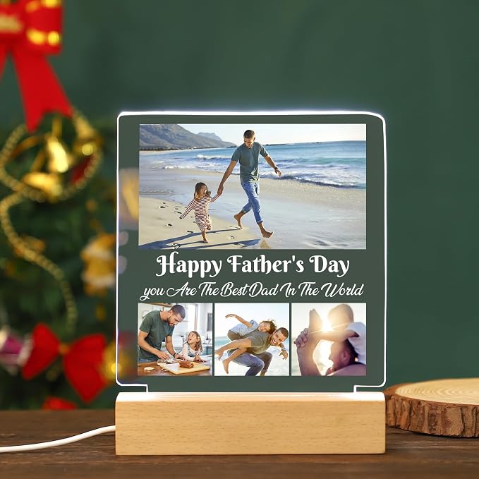 WSYEAR Customized Fathers Day Birthday Gifts for Dad from Wife Daughter Custom Dad Gifts from Son Kids Personalized Acrylic Plaque Printed with Photos LED Night Light Gifts for Papa Daddy