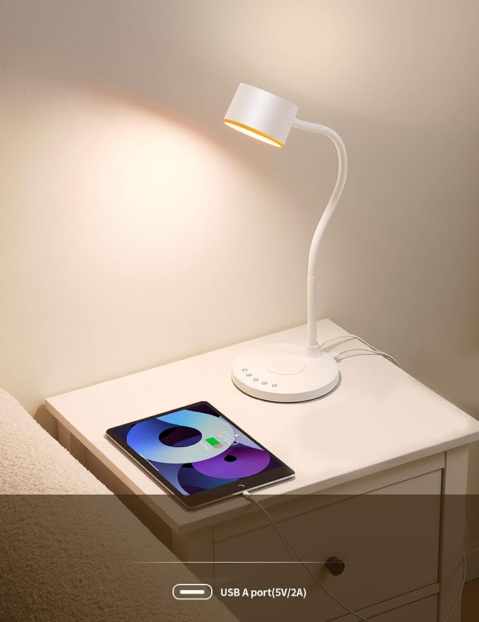 LiFMIRA Desk lamp with USB Charging Ports, Touch Control Desk Light White | Reading Lamp for Home Office, 5 Color Stepless Dimming Study Lamps Reading Light Table Lamp for Bedroom Bedside Dorm Room