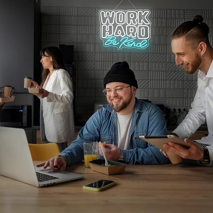 Work Hard Be Kind Neon Sign, Dimmable Neon Signs for Wall Decor, White Blue Neon Light Work Hard USB Led Sign for Office Study Room Classroom Bedroom Meeting Room Decoration