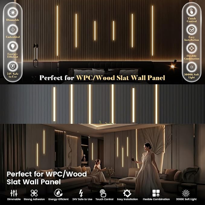 9-Lights LED Recessed Lighting Wall Panel Lights,Self-Adhesive Wood Slat Wall Panel Strip Light,4000K Touchable Switch Dimmable LED Aluminum Channel lamp,Under Cabinet Light(39in+31.5in+23.6in)