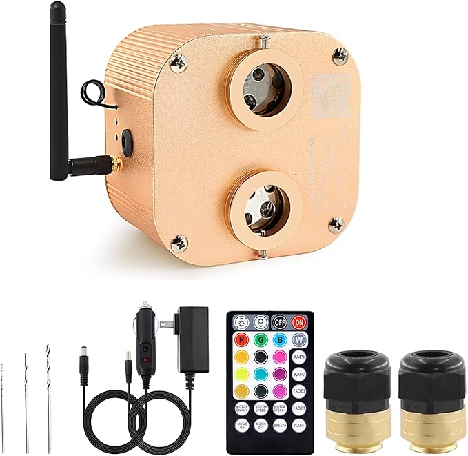 20W Twinkle Dual Head Fiber Optic Light Box for Starlight Headliner, Bluetooth App/RF Remote Control, Car Plug & Power Adapter, PG Connector & 3 Drill Bits