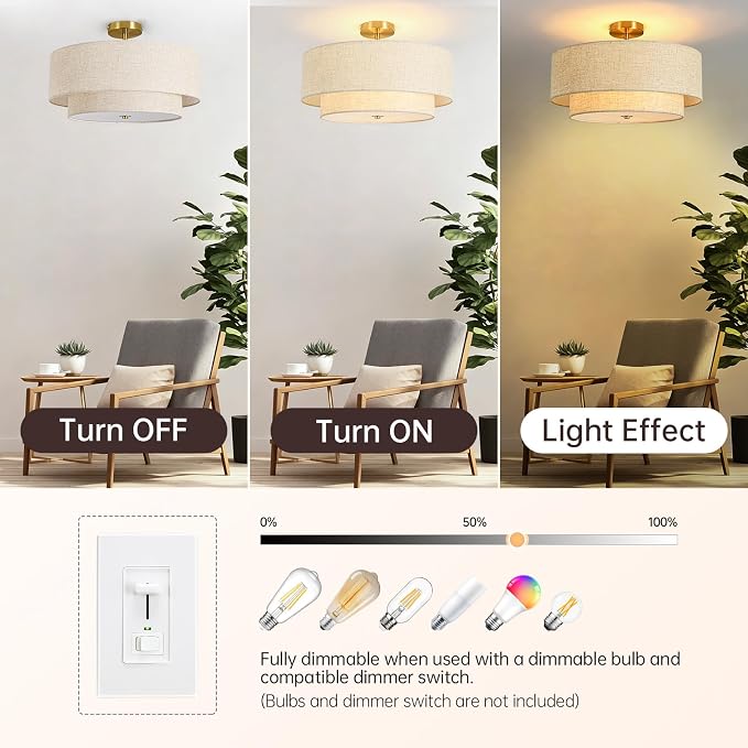 19.7" Semi Flush Mount Ceiling Light, 4-Light Drum Ceiling Light Fixture | 2-Tier Fabric Linen Shade Design, Modern Classic Style, for Dining Room, Living Room, Bedroom, Hallway, Entryway, Brass Gold
