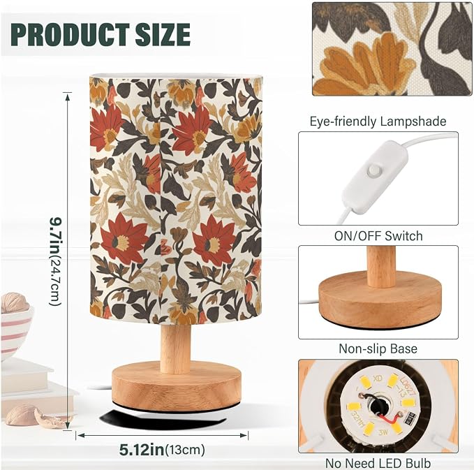 Fustylead Retro Vintage Fall Floral Bedside Table Lamps with USB Port for Bedroom Lamp Small Nightstand Lamp Sturdy Linen Shade Wooden Decorative Lamps for Living Room Home Dorm Kids