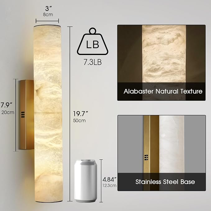 20" Brass Alabaster Wall Sconce , Tube Marble Vanity Light for Bathroom | Spanish Natural Alabaster, Gold, 3000K Warm White Light, Stone, Hardwired, Dimmable, for Living Room/Entryway/Bedroom, 1PC