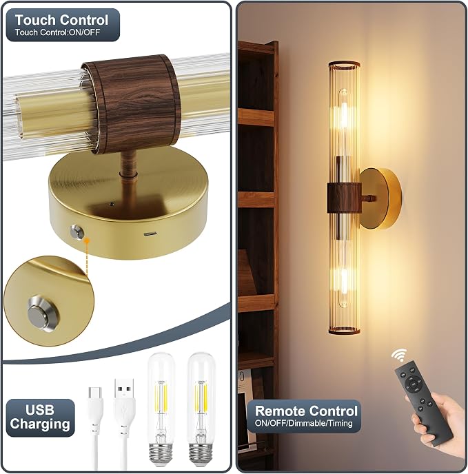 Morauroral Gold Walnut Battery Operated Wall Sconces Set of 2, Rechargeable Wall Lights with Remote, 20 Inch Modern Wireless Wall Lamp for Bedroom, Living Room (Bulbs Included)