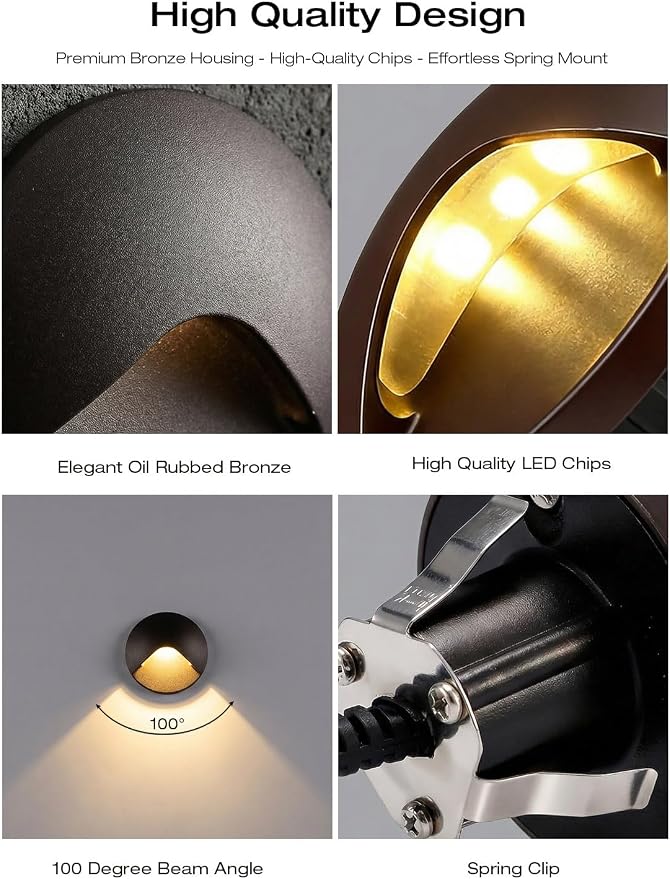 CLOUDY BAY [12 Pack] Anti-Glare Low Voltage LED Deck Lights - 12-24V Recessed Step Riser, IP65 In-Ground Outdoor, 2700K Warm White, Aluminum Housing, Oil Rubbed Bronze Finish