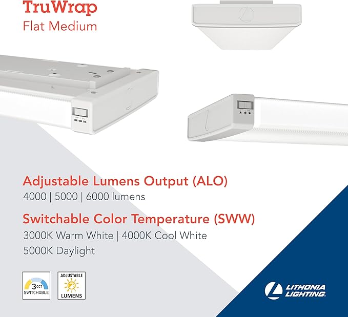 Lithonia Lighting 4' Wraparound LED Shop Light, Adj Brightness, 3-in-1 CCT | TruWrap 4-Foot Low-Profile LED Ceiling Light Fixture, Adjustable Lumens, 3000K/4000K/5000K CCT, Flat Diffuser, Medium Width