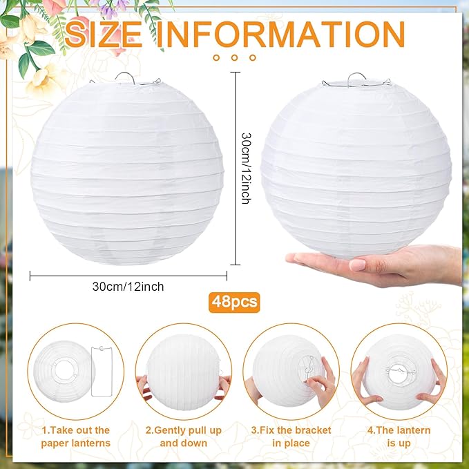 Treela 48 Pack White Chinese Japanese Paper Lanterns Decorative Hanging Round Paper Lantern Lamps for Wedding Birthday Party Decorations (12 Inch)