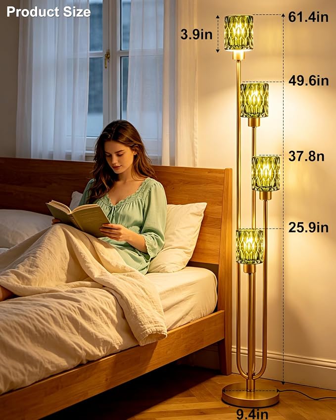 Vintage 4-Light Green Glass Floor Lamp, Dimmable Gold Standing Tall Lamp for Reading, Mid Century Modern Floor Lamp for Living Room Bedroom Home Office Corner Decor, Bulb Included