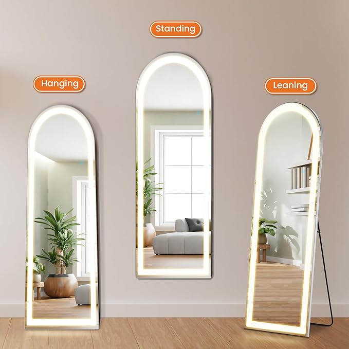 63"x20" Arched Full Length Mirror with LED Lights, Body Floor Mirror with Dimming & 3 Color Lighting, Mirror Full Length for Home Wall Decor, Tall Arch Aluminum Frame for Bedroom Cloakroom