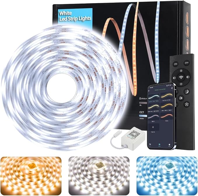 Tenmiro White LED Strip Lights 30ft (1200 LEDs) Super Bright 25000K Daylight White, 3Color Temperature Dimmable with Smart App & Remote Control for Bedroom Kitchen Commercial Home Lighting Decor