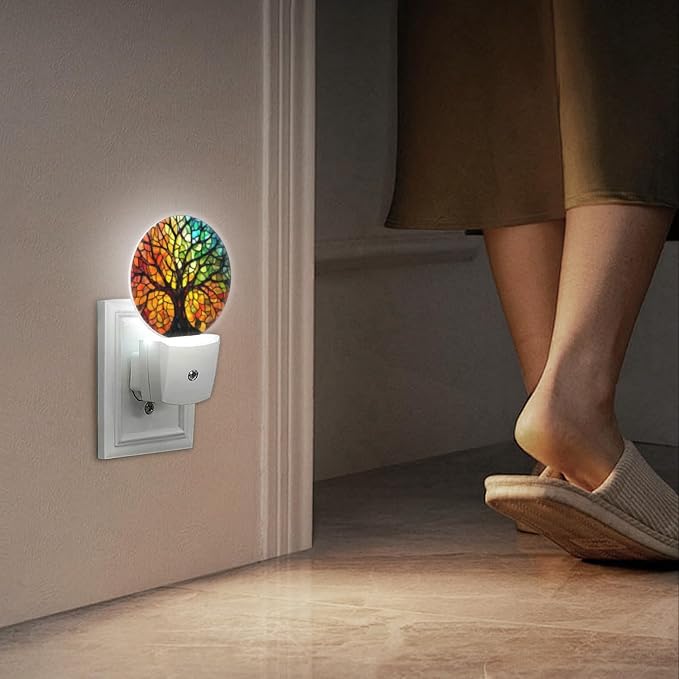 Round LED Night Lights Lamp with Dusk to Dawn Sensor, Artistic Color Panel Tree Night Light Plug Into Wall for Kids Room, Bedroom, Bathroom, Kitchen, Hallway