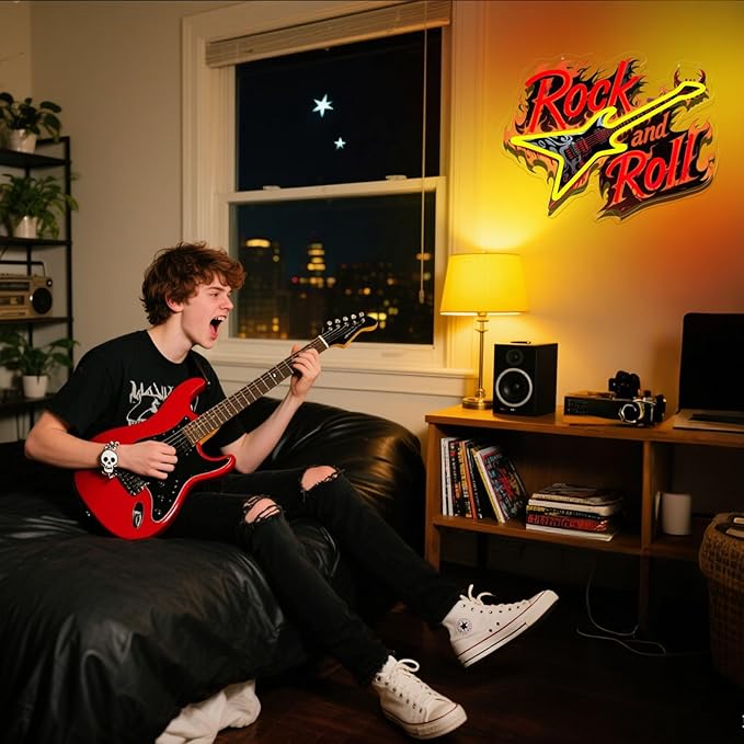Guitar Rock Roll Neon Sign Music Guitar Neon Light Dimmable Led Music Sign for Wall Decor Guitar Gifts for Bar Live Vocal Recital Concert Classroom Man Cave