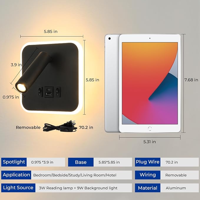 LED Wall Sconce Plug in With Wall Mounted Reading Lights,Modern Black Wall Lamp for Bedroom With Charging Station USB C+A Ports,Headboard Bedside Lamp for Living Room With 3W+9W Night Light