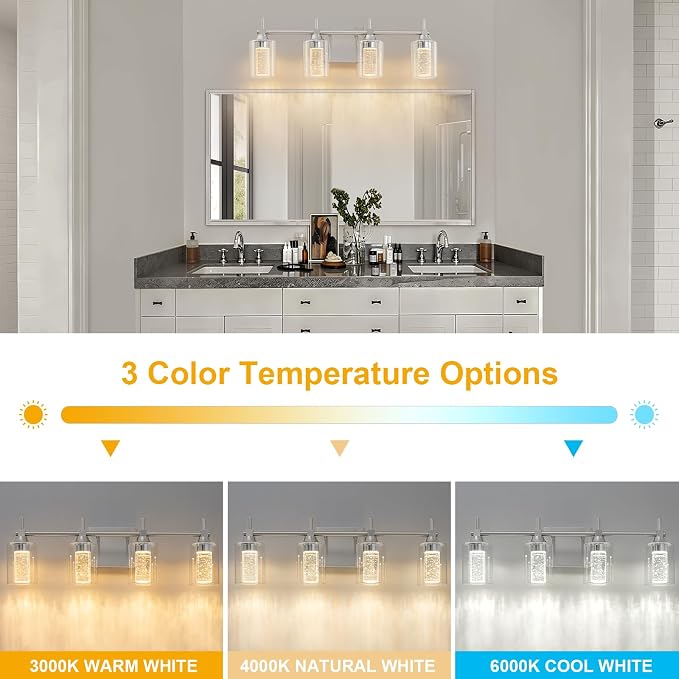 Vanity Light with 3 Color Modes (3000K/4000K/6000K), Eye Protection LED Bathroom Light Fixture, Dimmable Modern Wall Light Over Mirror with Clear Glass Shade (Brushed Nickel, 4-Light)
