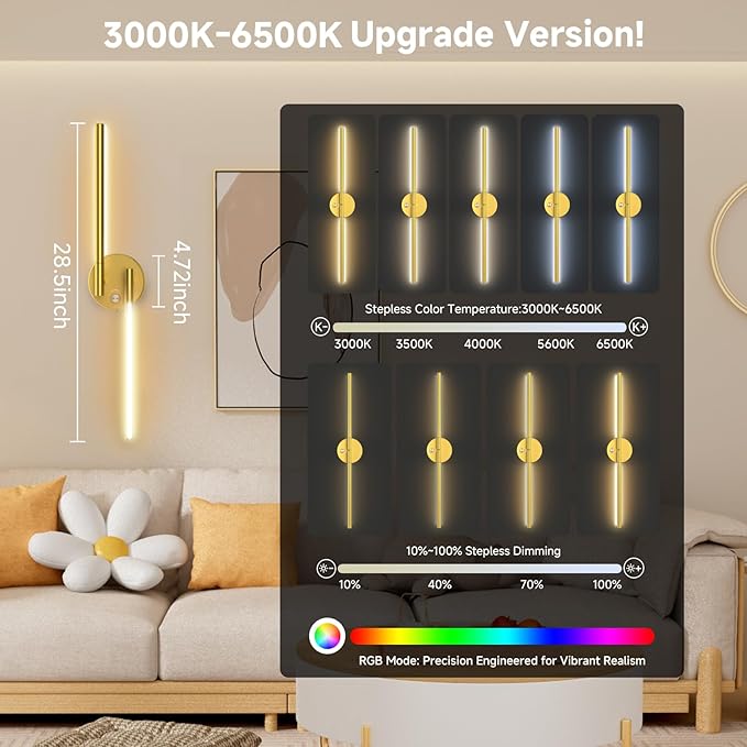 Battery Operated Wall Sconce of 2, 360°DIY Rotatable,Wireless Magnetic Wall Lights with Remote,10 RGB Color with 5CCT Dimmable,Cordless Wall Lamp Decor for Vanity Bedroom 10000mAh Gold