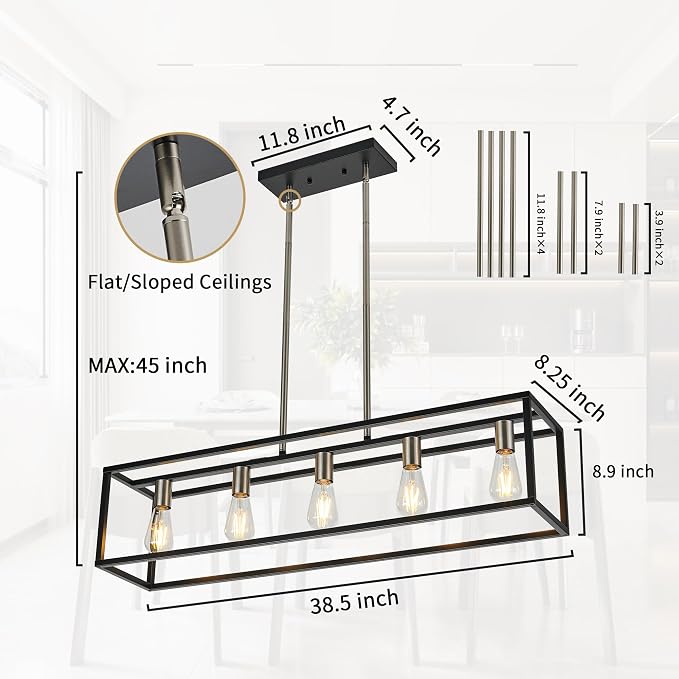 Black&Brushed Nickel Kitchen Island Lighting, Modern Linear Cage Retangular Chandelier, 5 Lights Industrial Metal Hanging Light Fixture for Farmhouse Kitchen Dining Room Bar Foyer