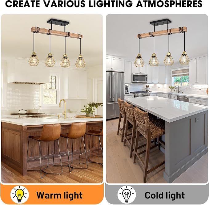 4-Lights Island Lights for Kitchen, Black and Gold Pendant Light Fixtures, Farmhouse Dining Room Light Fixtures Over Table with Metal Shade, Pendant Lighting for Kitchen Island, Living Room