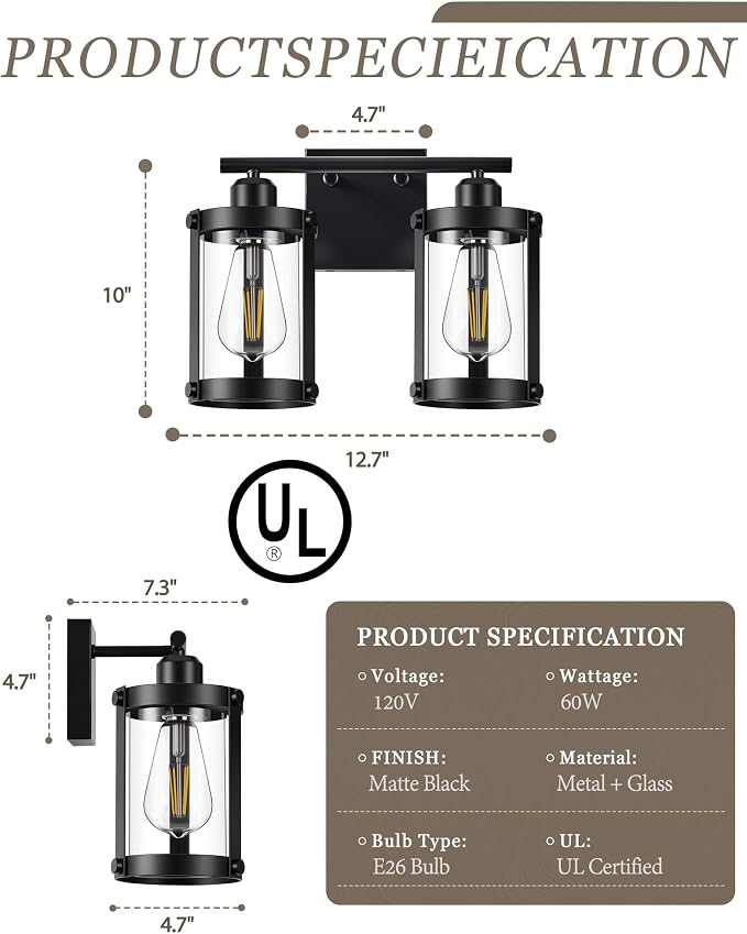 2-Light Black Bathroom Light Fixtures, 13.8 Inch Modern Bathroom Vanity Lighting Fixtures Over Mirror with Clear Glass and Metal Cage Wall Sconce Lights for Bath, E26, OS-3014BK-2W