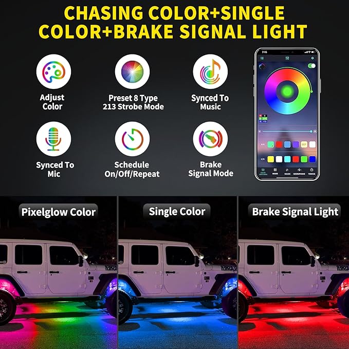 4 Pods Full Angle RGB Rock Lights Compatible with 12V Trucks Jeep UTV SUV ATV Boat Golf Cart, Waterproof Multi-Color, App/Remote Control Led Rock Lights with Music Mode