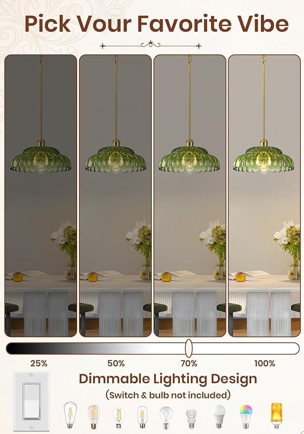 Gold Pendant Light with Glass Shade, Vintage Floral Glass Pendant Lamp for Kitchen Island, Adjustable Hanging Rods Sloped Ceiling Compatible, Living Room Bedroom Hotel-Green