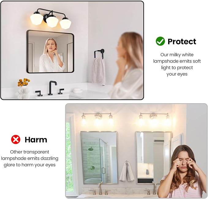 RUIYEY Bathroom Vanity Light Fixtures: 3-Light Black Vanity Lights for Bathroom Over Mirror, Farmhouse Wall Sconce Lighting with Frosted Milky Glass for Kitchen (Exclude Bulb)