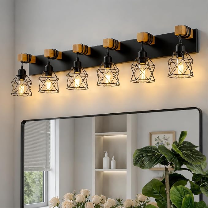 Farmhouse Vanity Light Fixture,6-Light Bathroom Lighting,Black Industrial Wood Wall Light Over Mirror with Metal Shade,LED Bulbs Not Included