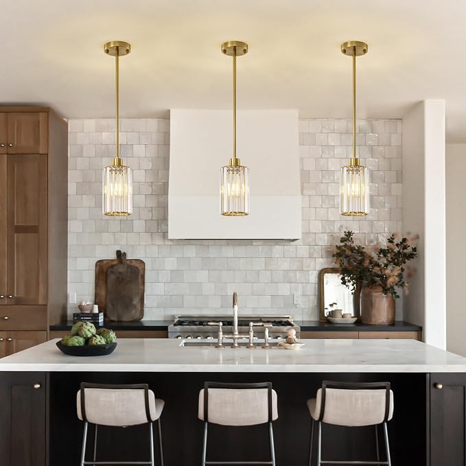 5.1" Mini Modern Brushed Gold Crystal Kitchen Island Pendant Light | Small Crystal Glass Shade, Sparkling Crystal Reflection, Customizable Hanging Height,Fits Most Ceilings, Modern Brushed Brass