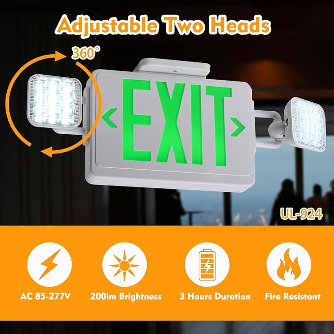 Green Exit Sign,Emergency Lights for Business with Plug,200lm 3Hours Battery Operated Corded Fire Emergency Exit Lighting Combo UL 924 AC85-277V