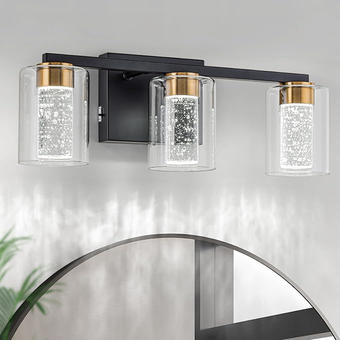 SineRise 3-Light Black and Gold Vanity Light with 3 Color Modes (3000K/4000K/6000K), Eye Protection LED Bathroom Light Fixture, Dimmable Modern Wall Light Over Mirror with Clear Glass Shade