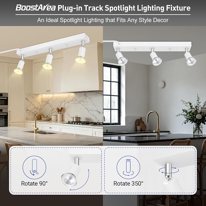 Plug in Track Lighting Kit 3 Light, White Track Light Fixture with Switch and Cord, Adjustable Spotlight Track Head for Kitchen Closet Gallery Wall Wash, Modern Linear Ceiling Light Bar,15ft Cord