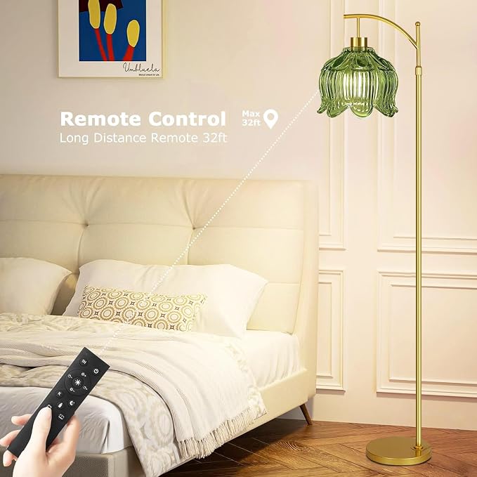 ILLMTW Glass Floor Lamp for Living Room,Bedroom,Gold Mid Century Modern Standing Lamp with Remote,Dimmable Brass Tall Lamp Vintage Tulip Green Arc Flower Floor Light Boho Bohemian