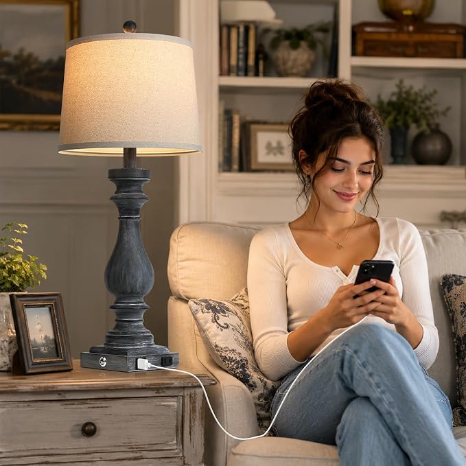 29" Tall Farmhouse Table Lamp for Living Room Set of 2,Vintage Retro Nightstand Lamps with USB C+A Ports & AC Outlet,3-Way Dimmable Touch Bedside Lamp for Bedroom Side Table,Distressed Black