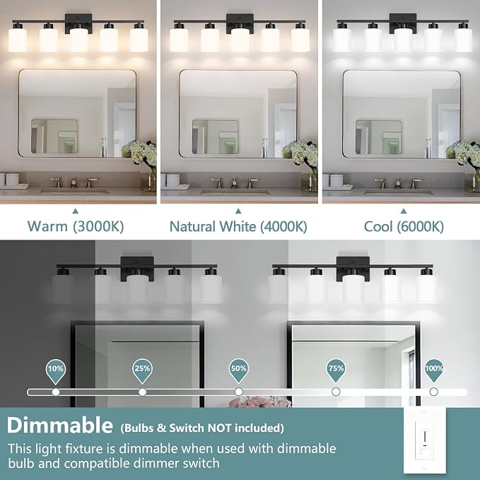 Black Bathroom Light Fixtures Vanity Lighting Over Mirror | 5-Light Modern Wall Sconces with Milky White Frosted Glass Shades for Restroom (E26 Socket)