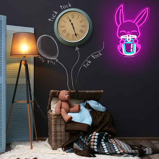 Rabbit Drinking Milk Tea Neon Sign Easter Rabbit Neon Sign for Wall Decor Dimmable Led Pink Bunny Neon Lights USB Power Animal LED Sign for Home Decor for Bedroom Restaurant Easter Gifts