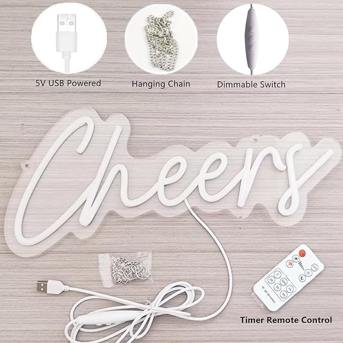 Upgraded Cheers Neon Sign with Timer Remote Control,5V USB Powered Cheers LED Signs for Home Pub,Birthday,Wedding,Bar Cart,Party 16.5 * 7in(Flash/Dimmable/Timmer)