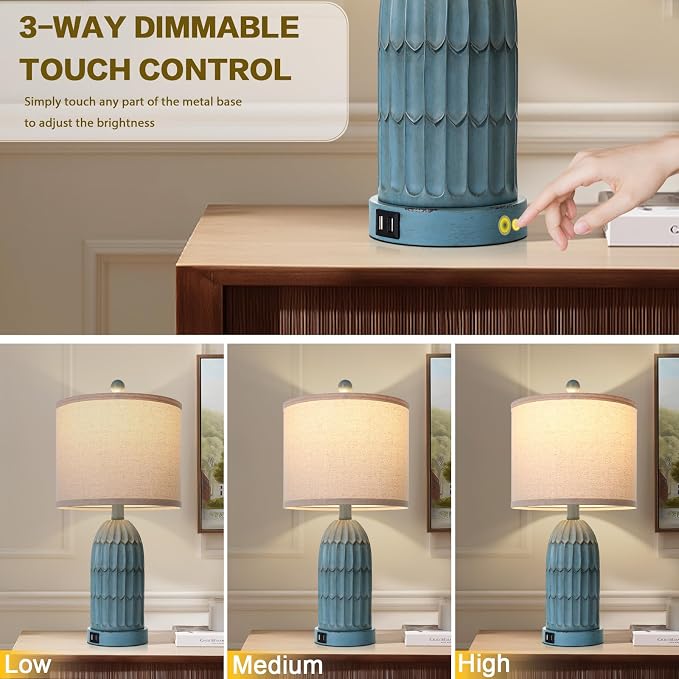 Coastal Table Bedside Lamps Set of 2, Farmhouse 3-Way Dimmable Touch Nightstand Lamp with 2 USB Charging Ports, Vintage Bedside Lamp for Bedroom Living Room End Table Retro Blue