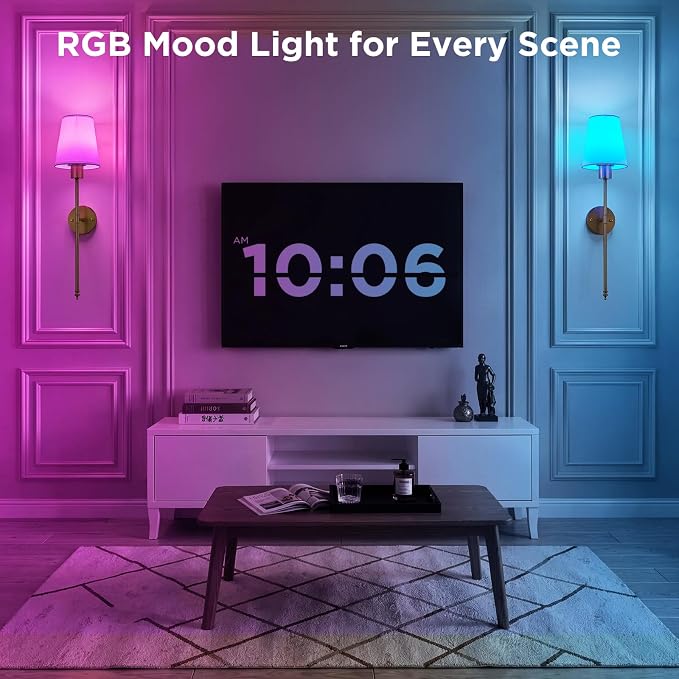 Brightown Battery Operated Wall Sconces Set of Two,Linen Sconces Wall Decor | RGBWW Rechargeable Wall Lights with Dimmable Magnetic Bulbs & Remote, Wireless Wall Lamp for Living Room Bedroom Hallway