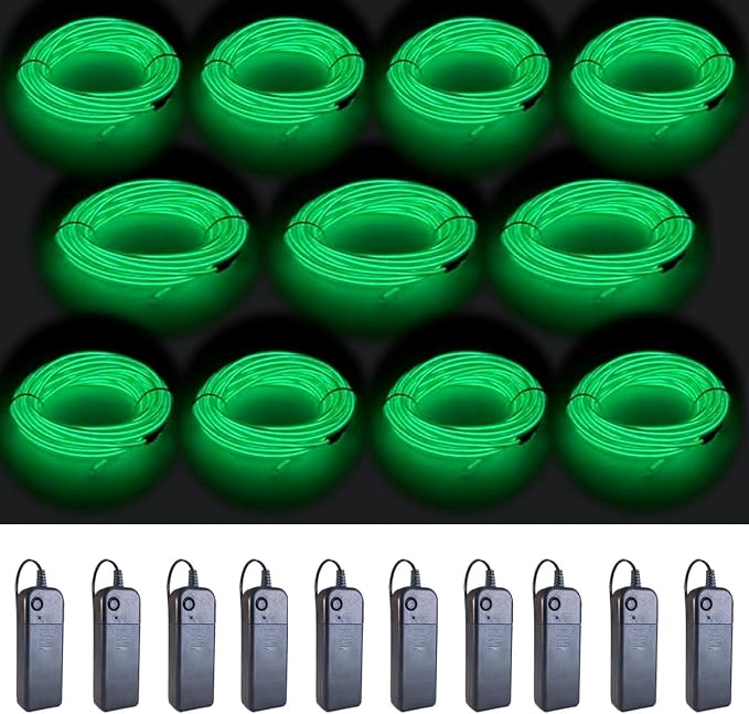 MaxLax EL Wire Green 10-Pack, 16.4ft/5m Neon Light Wire with Noise Reduction and Battery Pack…