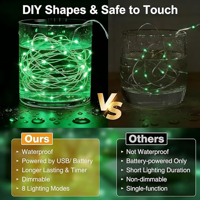 16FT 50 LED St. Patrick's Day Fairy Lights with Timer, 8 Modes USB Mini Twinkle Light Battery Operated, Small String Lights for Wreath Vase Bedroom DIY Party Decorations-Green