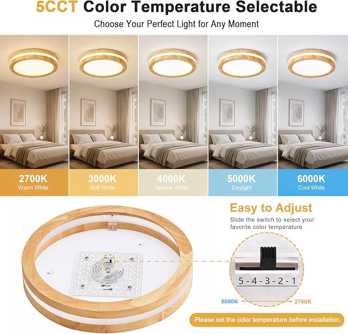 Pevfah Modern Dimmable LED Wood Flush Mount Ceiling Light, 5CCT Round Close to Ceiling Lighting Fixtures, Minimalist Ceiling Lamp for Bedroom, Kitchen, Hallway, Laundry Room-11.81in
