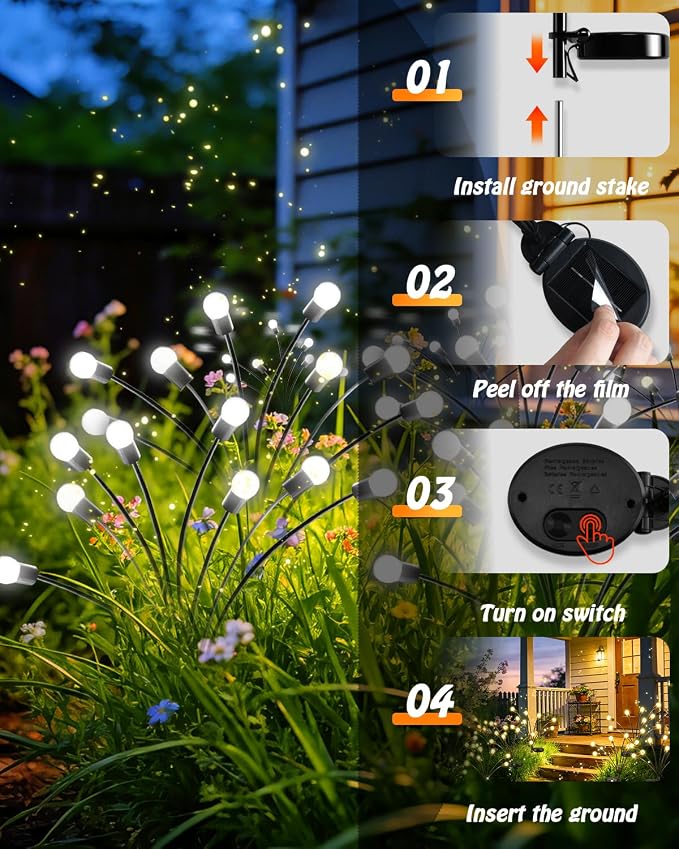 OZS 8 Pack Total 64 LED Solar Firefly Lights Fairy Outdoor - Solar Garden Lights Outdoor, Sway by Wind, Waterproof for Garden Patio Pathway Fairy Decoration (Cool White)