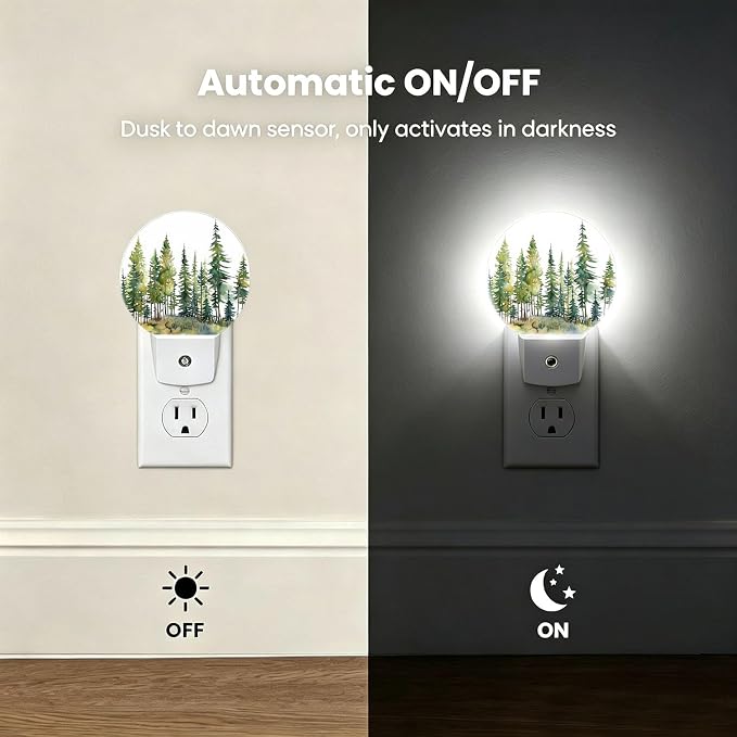 Nightlight Green Pine Tree Forest Plug-in Night Lights Dusk to Dawn | Nature Landscape Night Light LED Round Lamp with Auto on/off Sensor for Kitchen Hallway Bedroom Bathroom