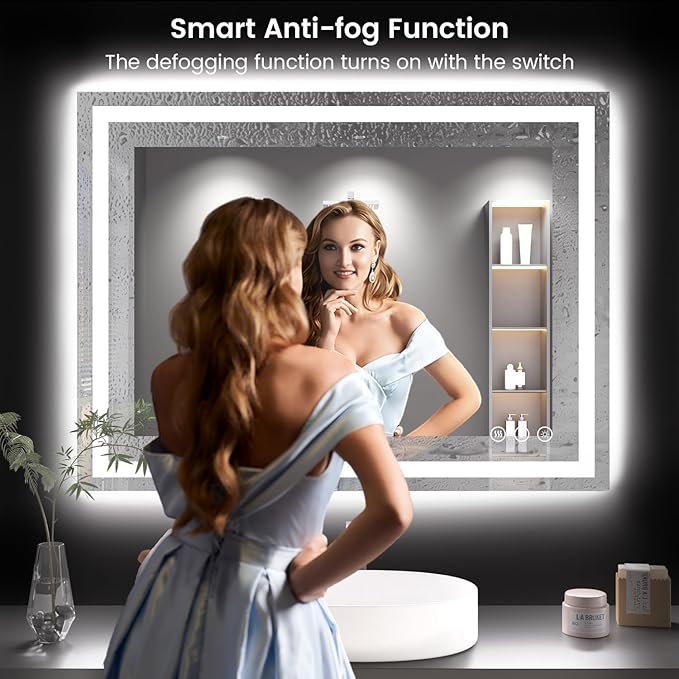 Simple Deluxe LED Bathroom Mirror 32x40 Inch Tempered Glass - Frameless LED Backlit Lighted Mirror for Bathroom Vanity with Anti-Fog, 3 Colors Dimmable, Memory Function, Wall-Mounted